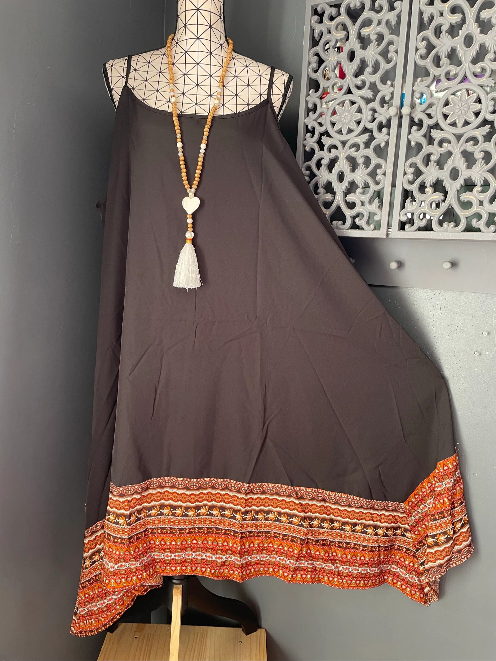 💖 asymmetrische bruine oversized jurk 52 vloeiende bandjes boho chic print 💖 – photo 2